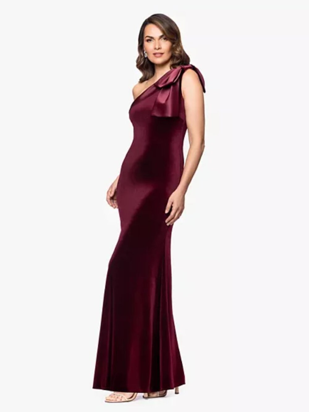 Women's BA Nites One-Shoulder Bow Velvet Evening Gown, Burgundy, Size: 14